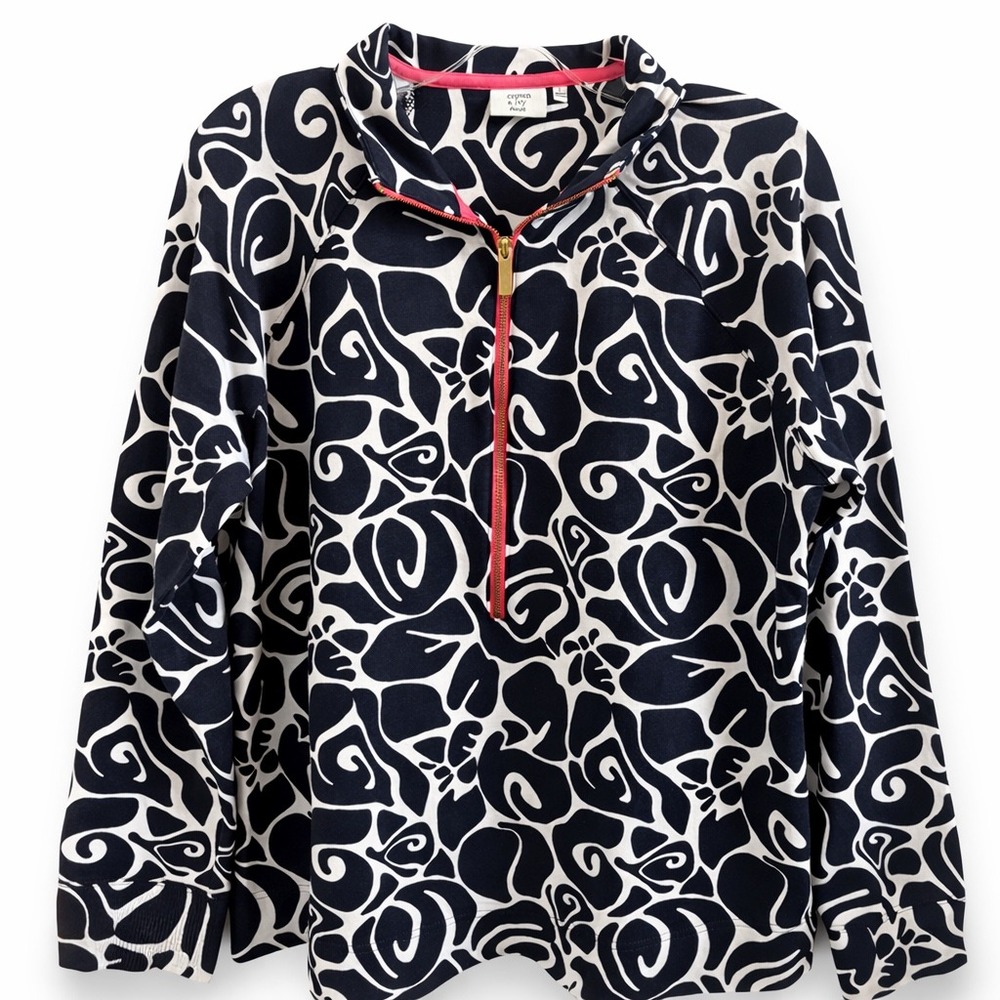 Crown & Ivy Beach Women Large Navy White Coastal Palm Beach Quarter Zip Pullover